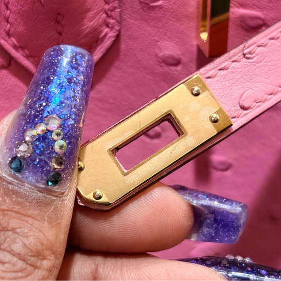 Birkin Style Bag B25 Pink Ostrich Leather Gold Hardware Made in France Purse - Picture 13 of 14